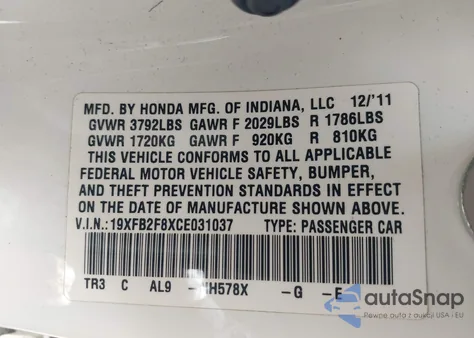 2012 Honda Civic Ex z USA, uszkodzony, nr VIN 19XFB2F8XCE031037